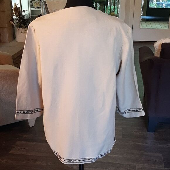 Dressbarn Silk/Linen Tan with Black Embroidery Button Down - Picture 3 of 7